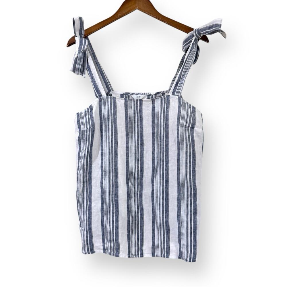 NWT Crown & Ivy Women's L Blue White Striped Linen Tie Shoulder Tank Top Blouse